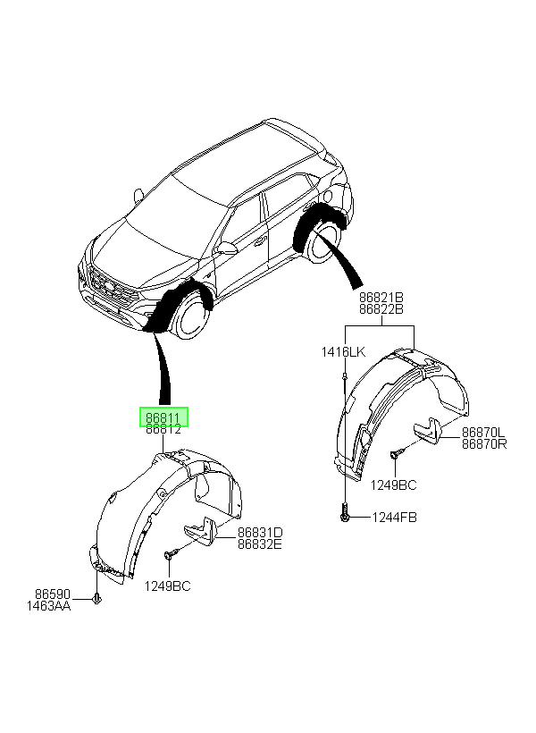 Diagrama de catálogo OEM 86811A0000 - guardafango delantero izquierdo Hyundai Creta